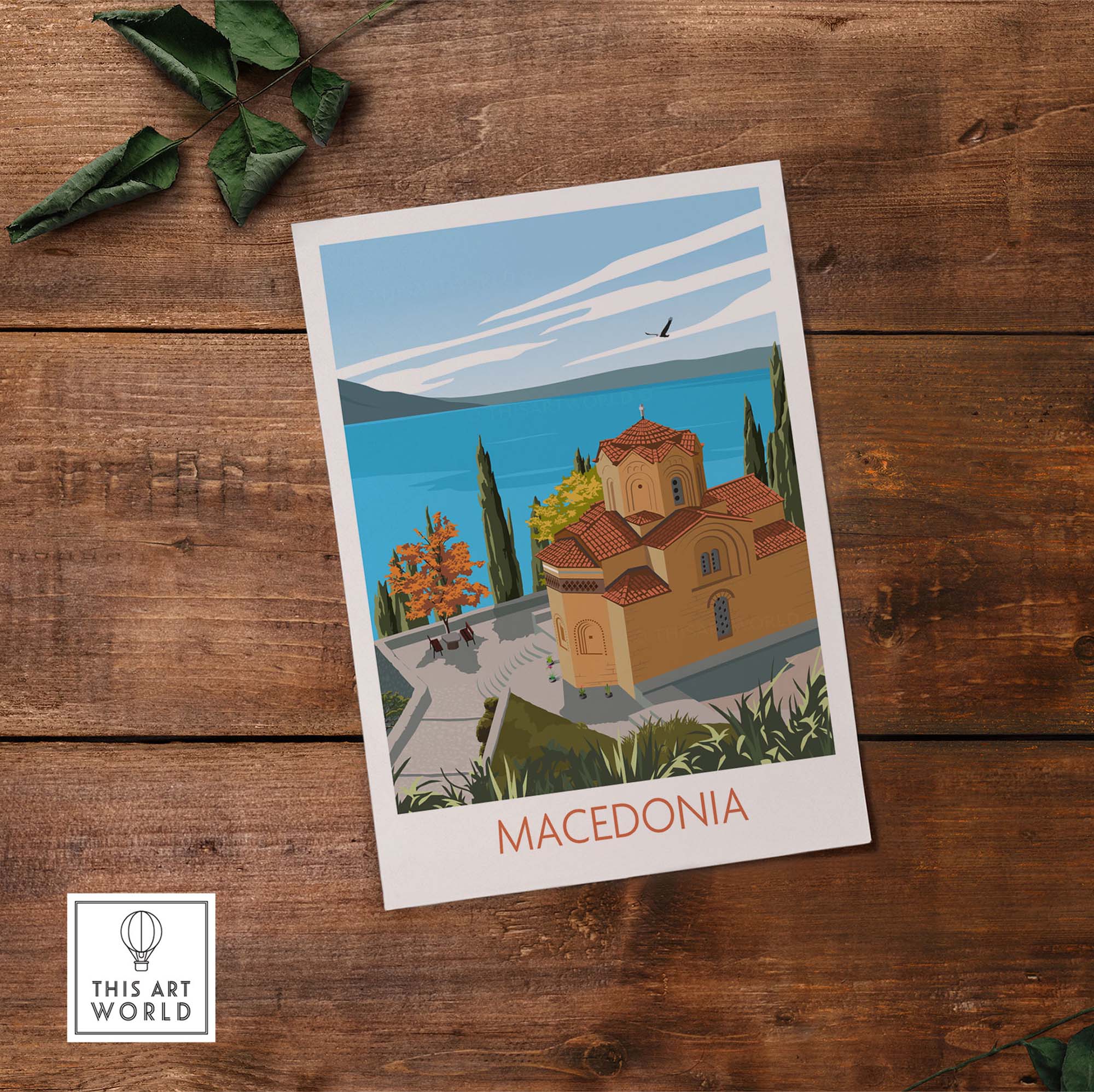 Macedonia Wall Art Print showcasing a scenic view with a historic building by the lake, perfect for home or office decor.