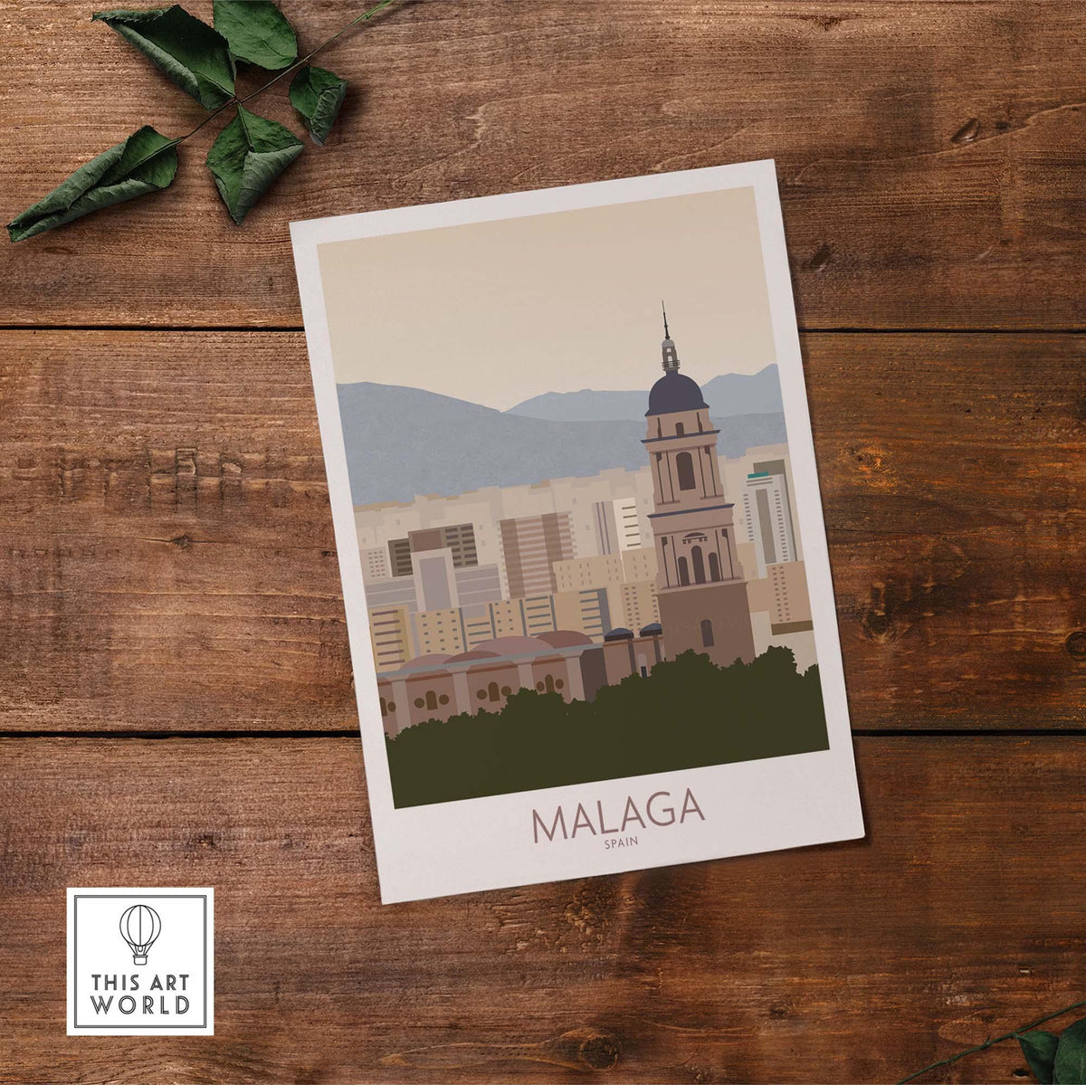 Malaga Wall Art Print showcasing the city's skyline and mountains, perfect for adding a touch of Spain to your decor.