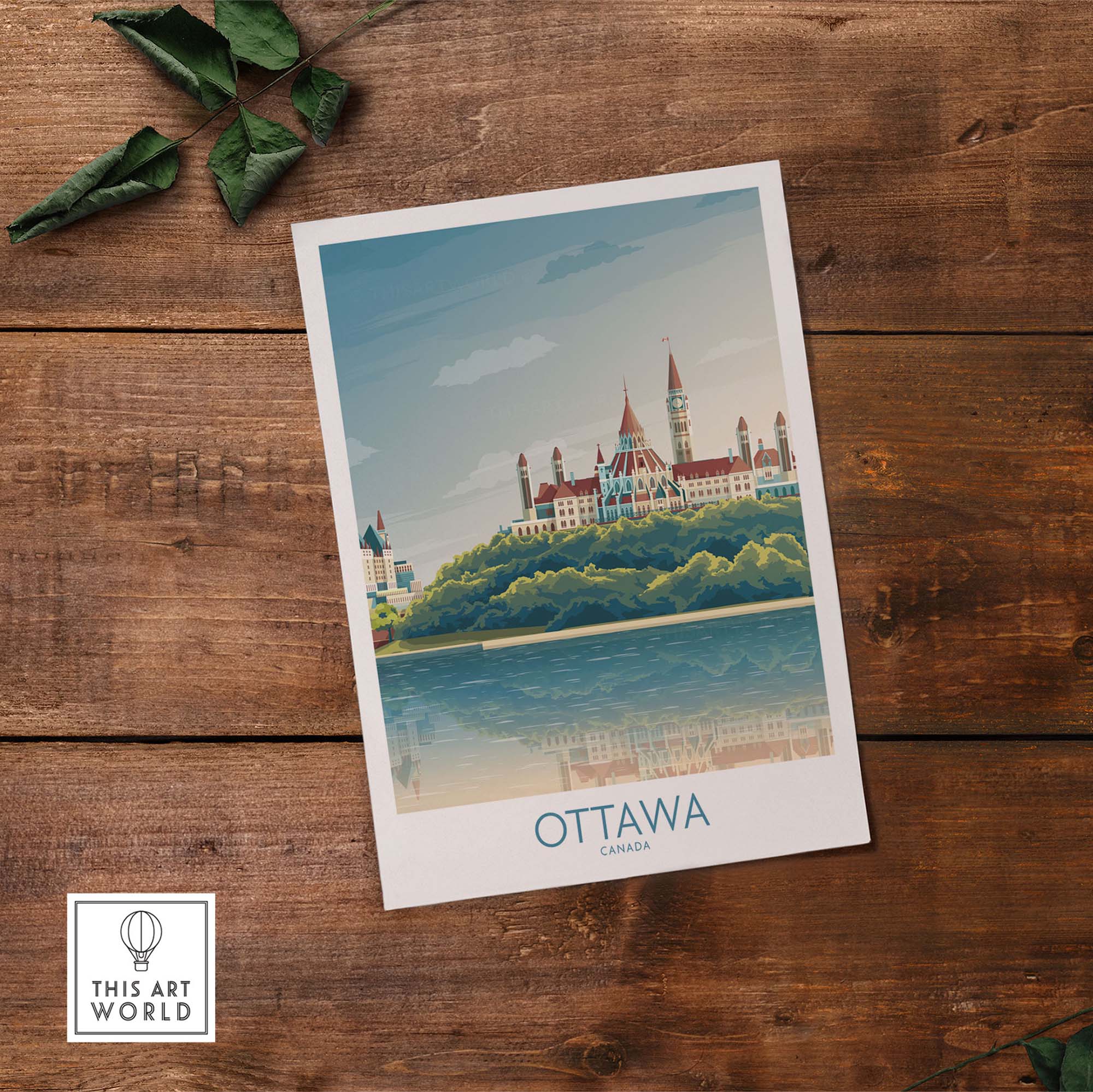 Art print of Ottawa, Canada, showcasing landmarks and water reflections, perfect for home decor.
