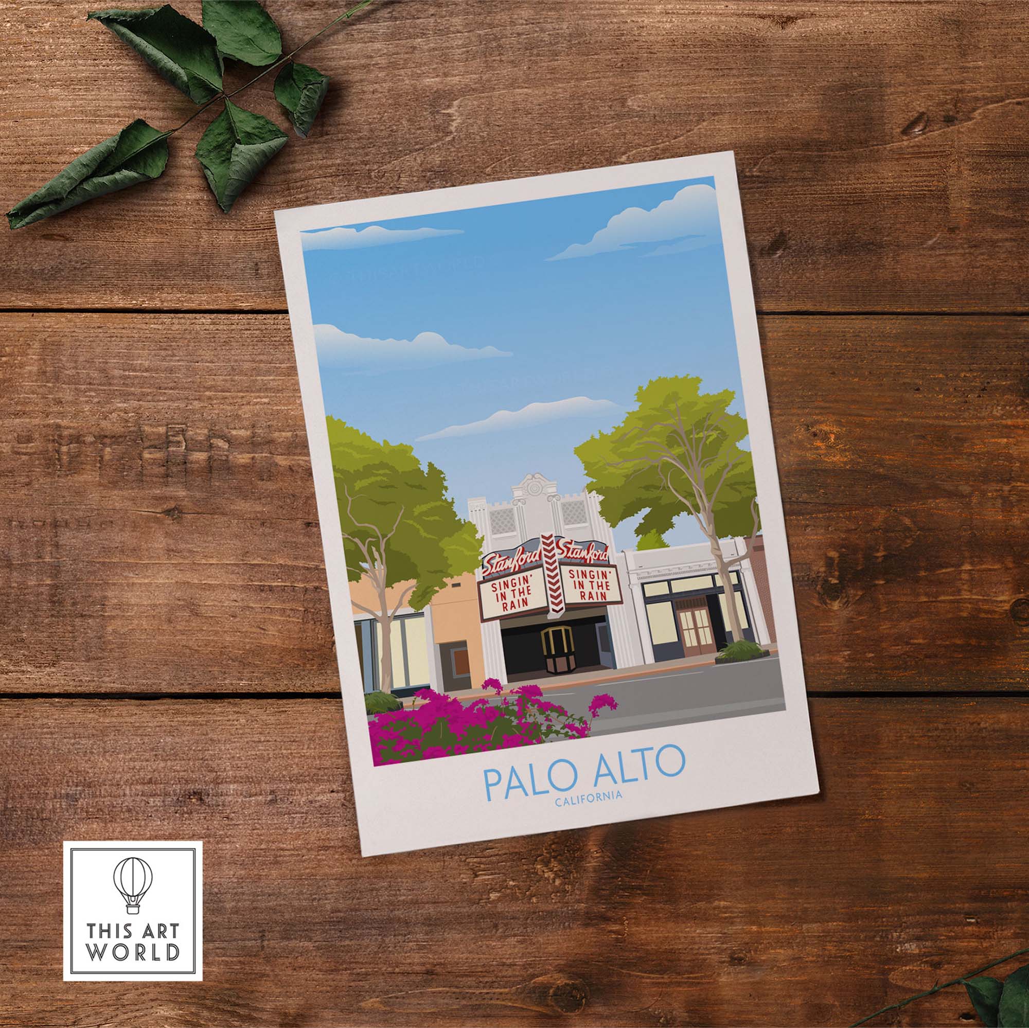 Palo Alto Wall Art Print depicting the historic Palo Alto Theatre with vibrant California scenery.