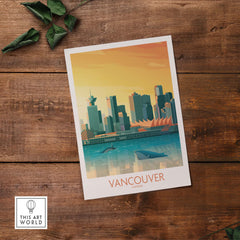 Vancouver wall art print showcasing a stunning skyline illustration with a sunset backdrop, perfect for home decor.