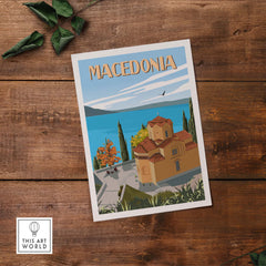 Macedonia travel poster print featuring a vibrant landscape and historic architecture, perfect for home decor.