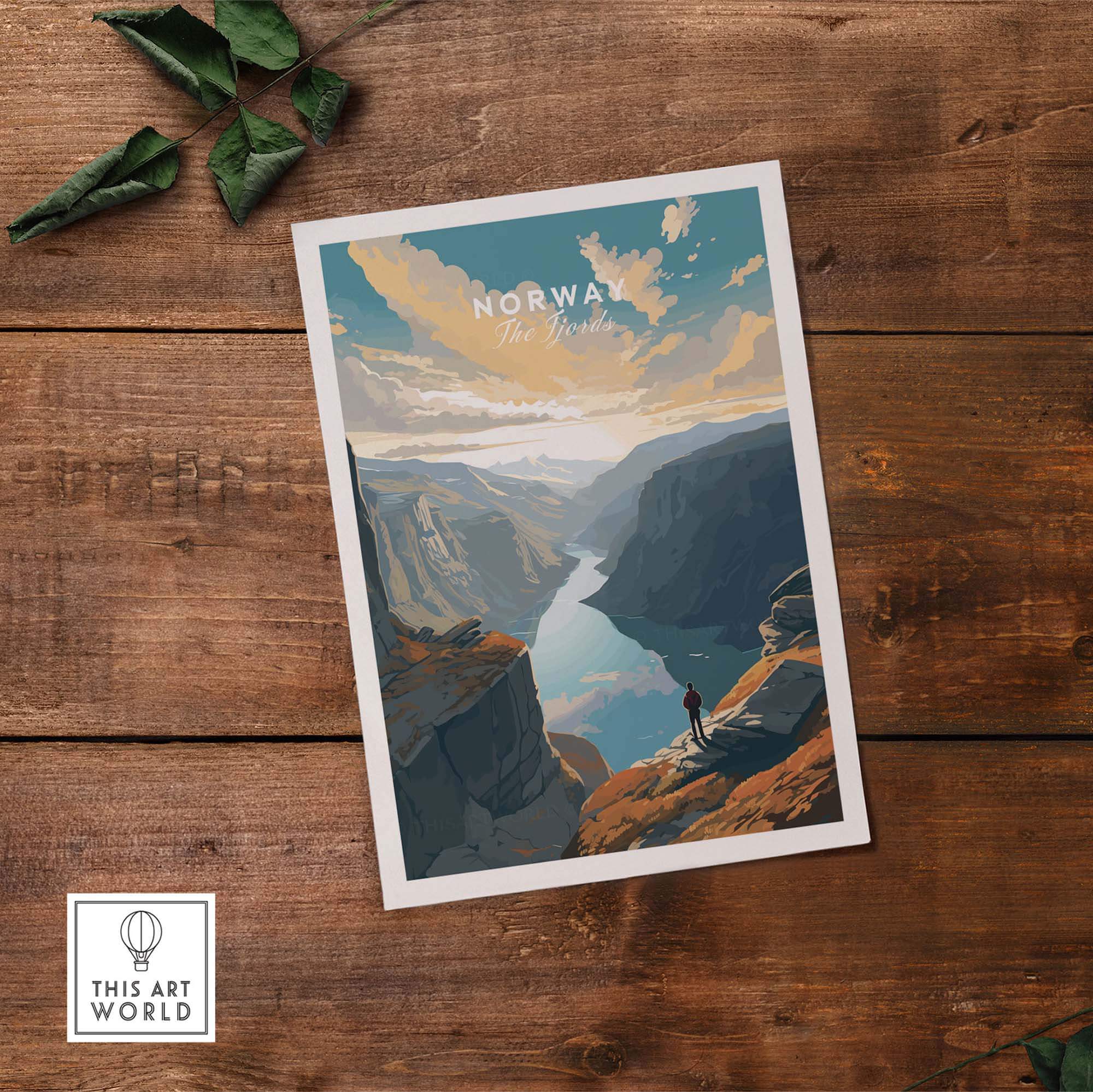 Fjord Wall Art Print showcasing a stunning Norwegian fjord landscape with mountains and a river, perfect for home decor.