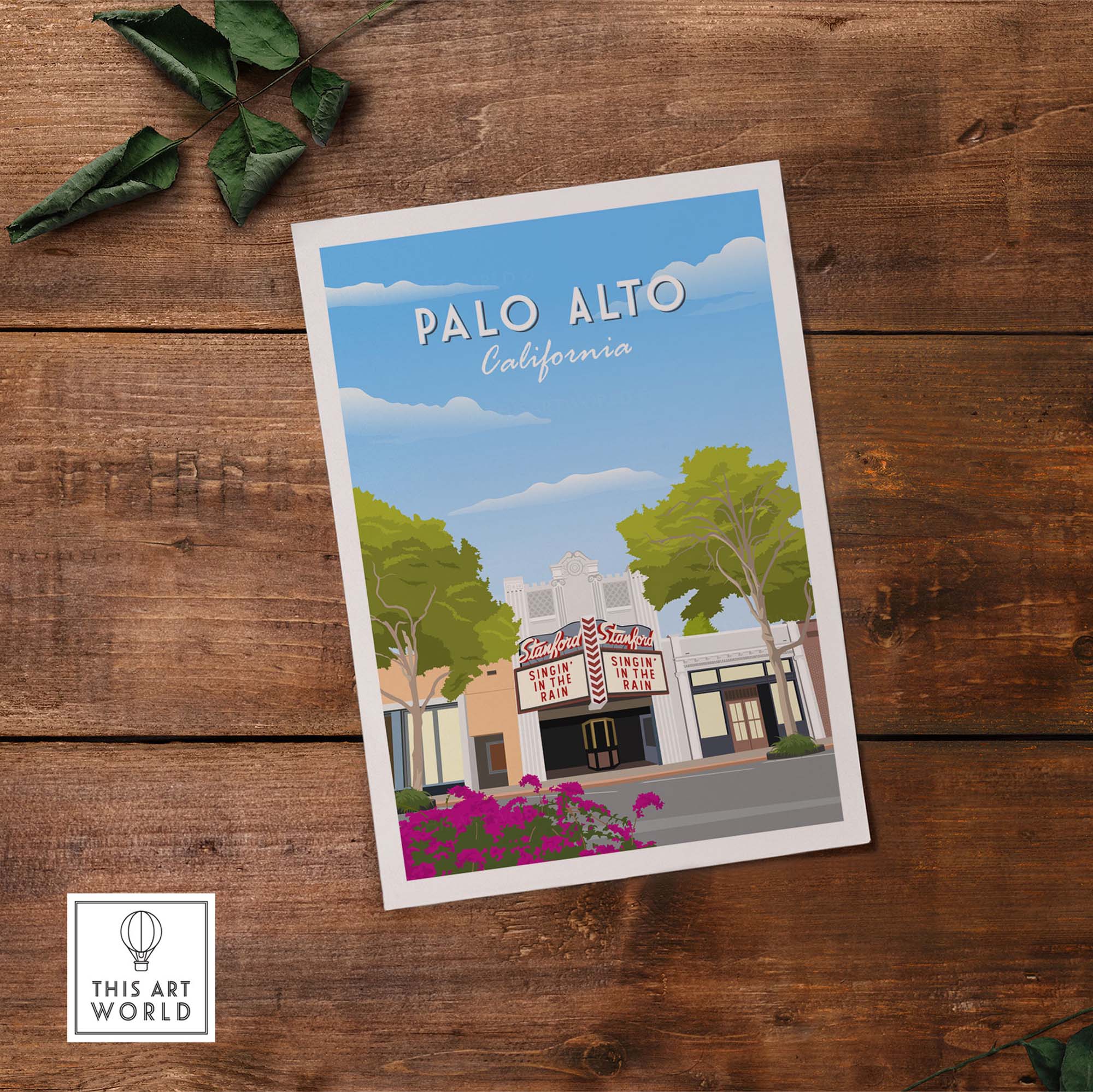 Palo Alto California travel poster print featuring the iconic Stanford Theatre and vibrant California scenery.