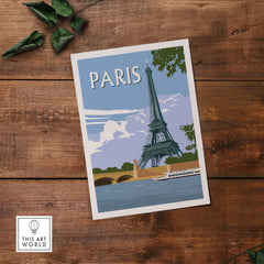 Vintage travel poster of the Eiffel Tower in Paris, showcasing scenic views and vibrant colors on a wooden surface.