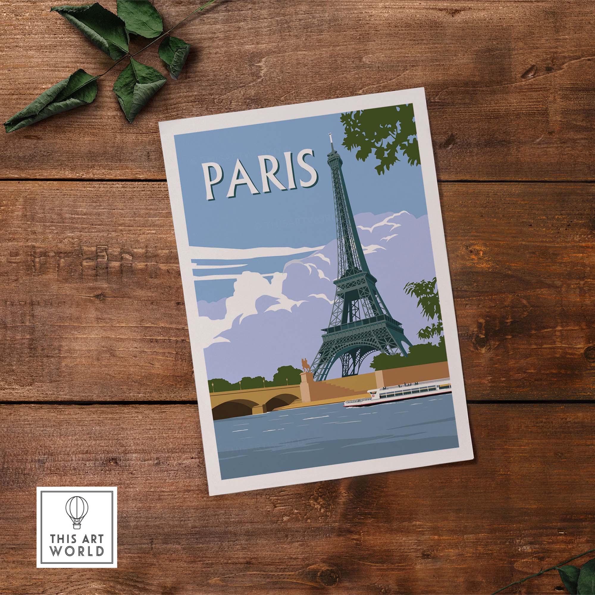 Vintage travel poster of the Eiffel Tower in Paris, showcasing scenic views and vibrant colors on a wooden surface.