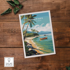 Vibrant Philippines art print featuring a tropical beach scene with palm trees and a boat on the water.