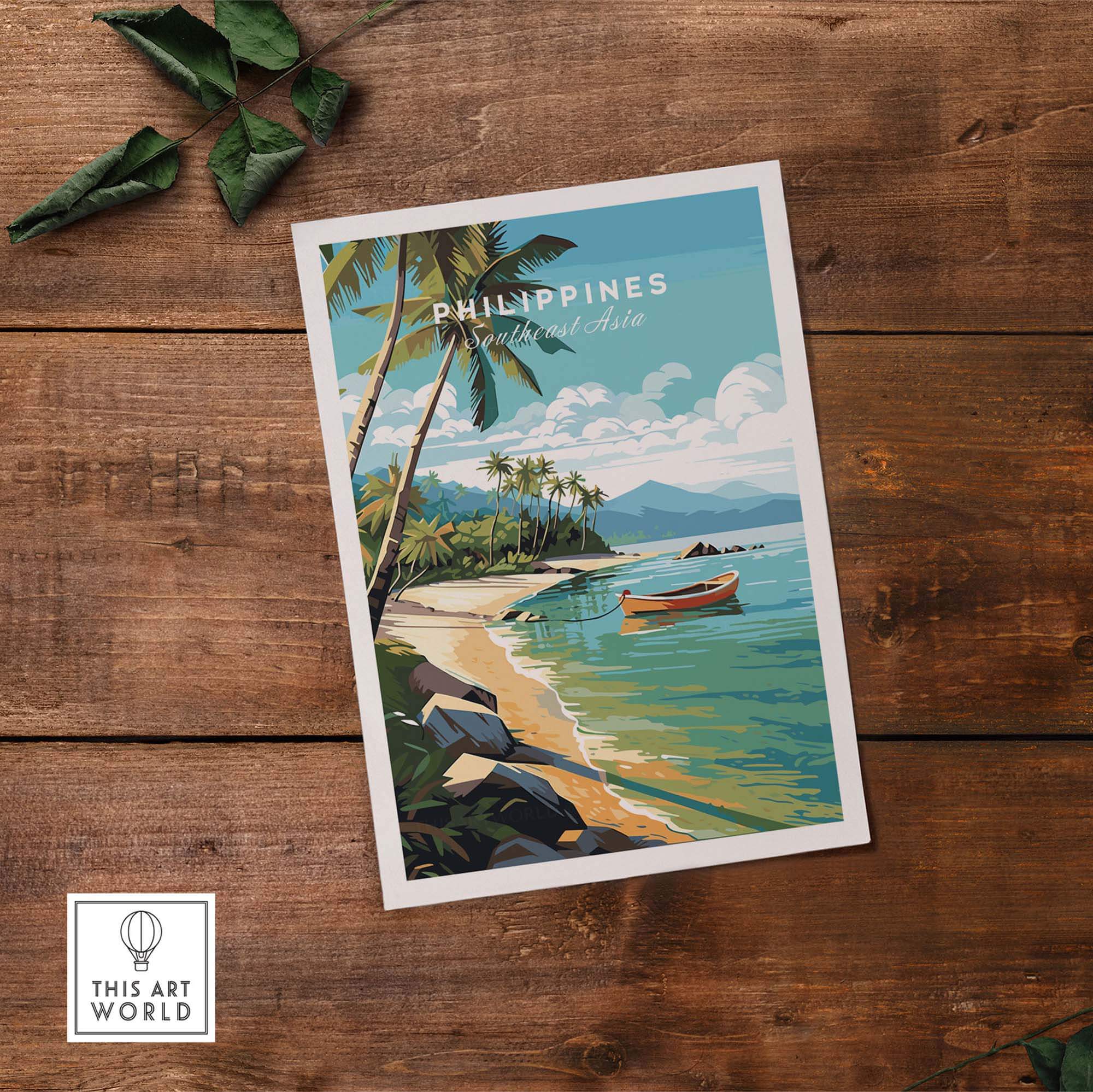 Vibrant Philippines art print featuring a tropical beach scene with palm trees and a boat on the water.