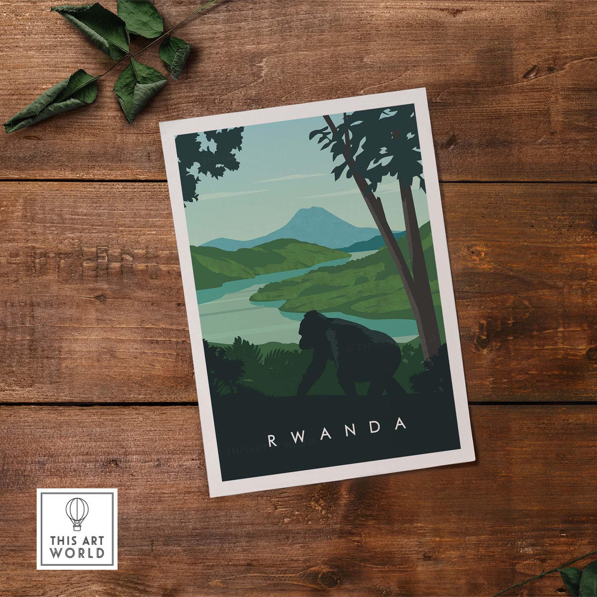 Rwanda travel poster print featuring mountain gorillas and lush landscapes, perfect for safari-inspired decor.