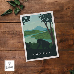Rwanda travel poster print featuring mountain gorillas and lush landscapes, perfect for safari-inspired decor.