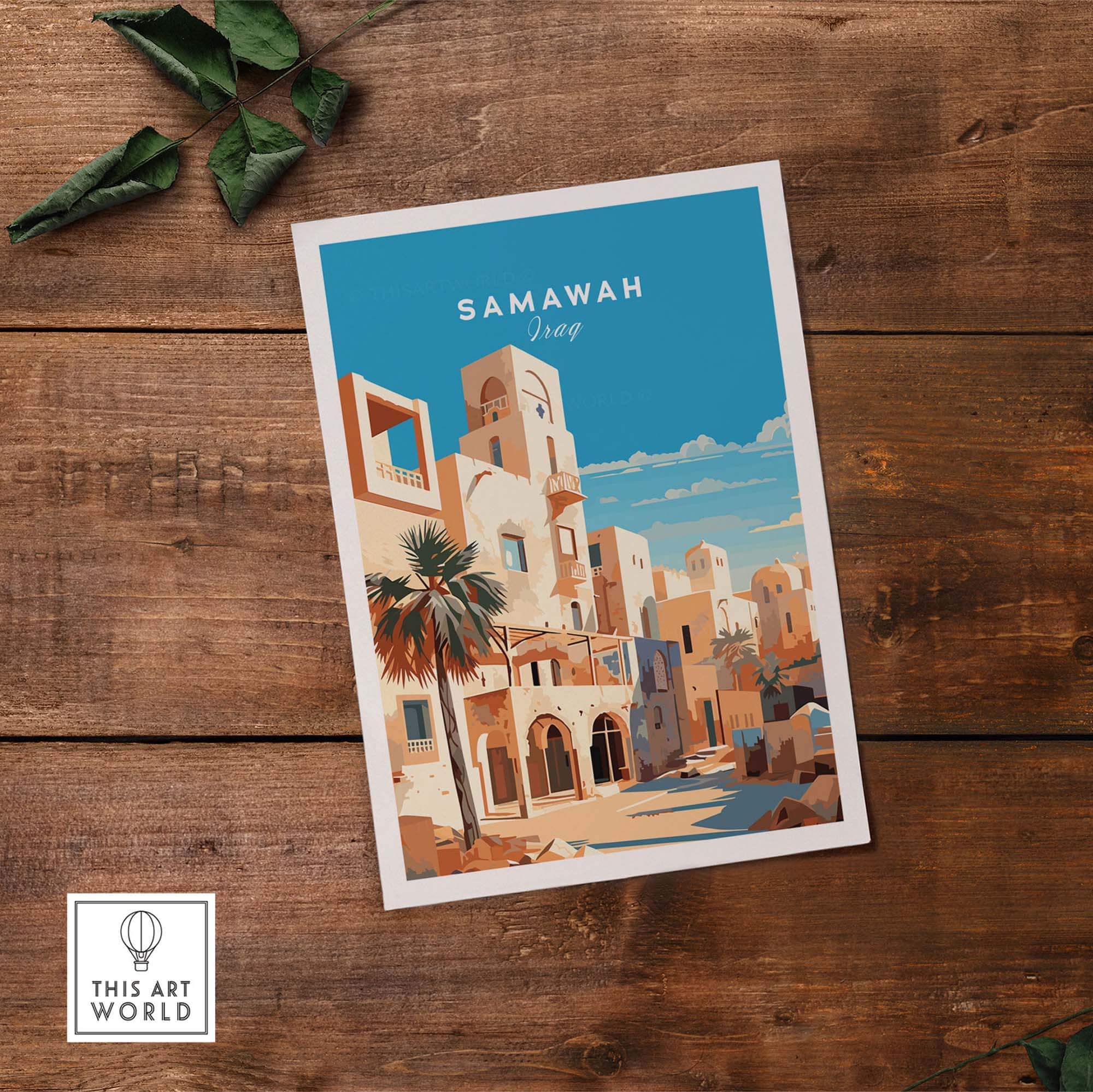 Samawah Iraq travel poster print featuring vibrant Middle Eastern architecture and palm trees, perfect for home decor.