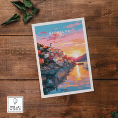 Skopelos Greece travel poster print showcasing vibrant sunset reflections on water.