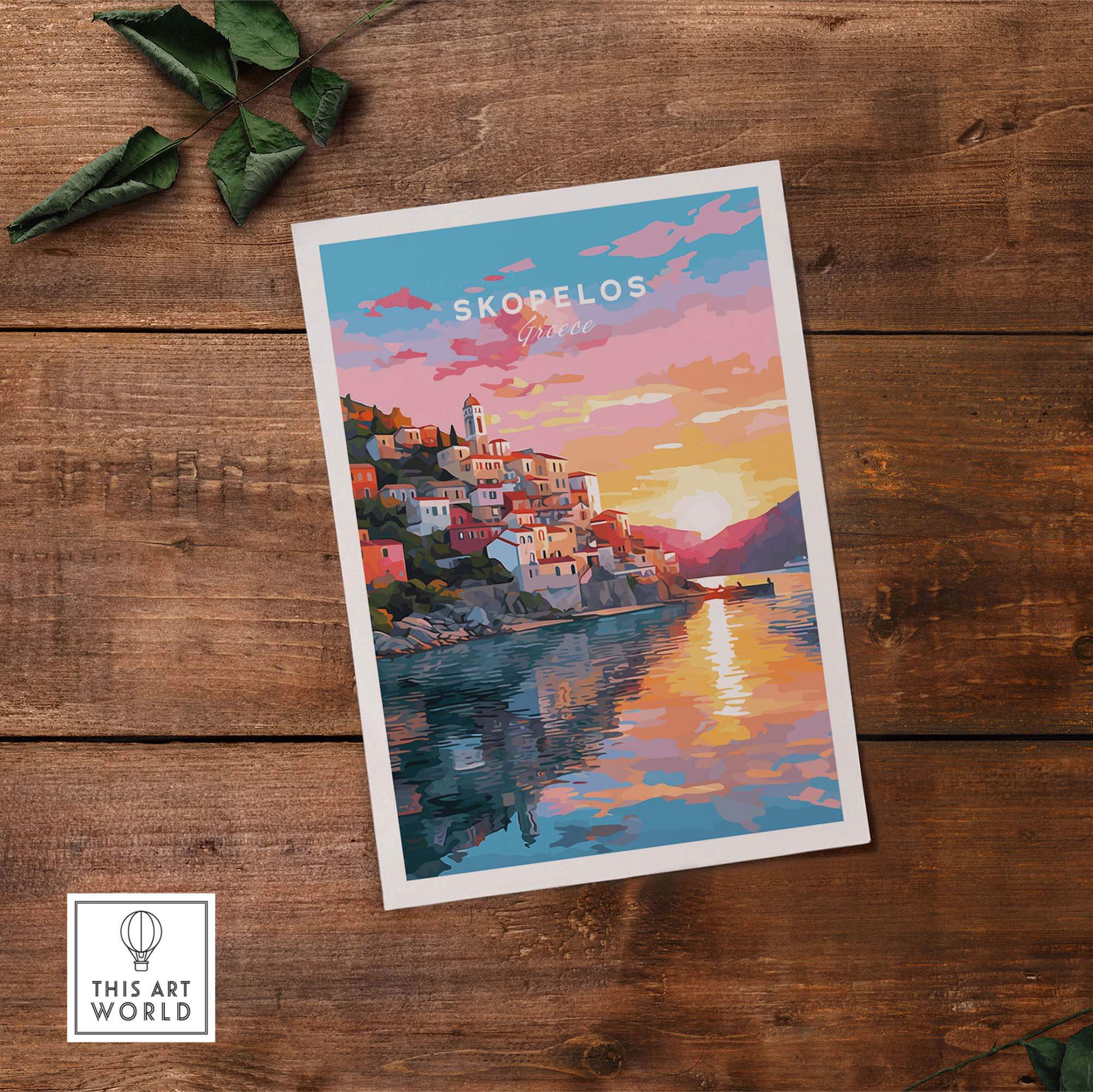 Skopelos Greece travel poster print showcasing vibrant sunset reflections on water.