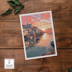 Skyros Greece travel poster print showing sunset reflection on water with colorful buildings.