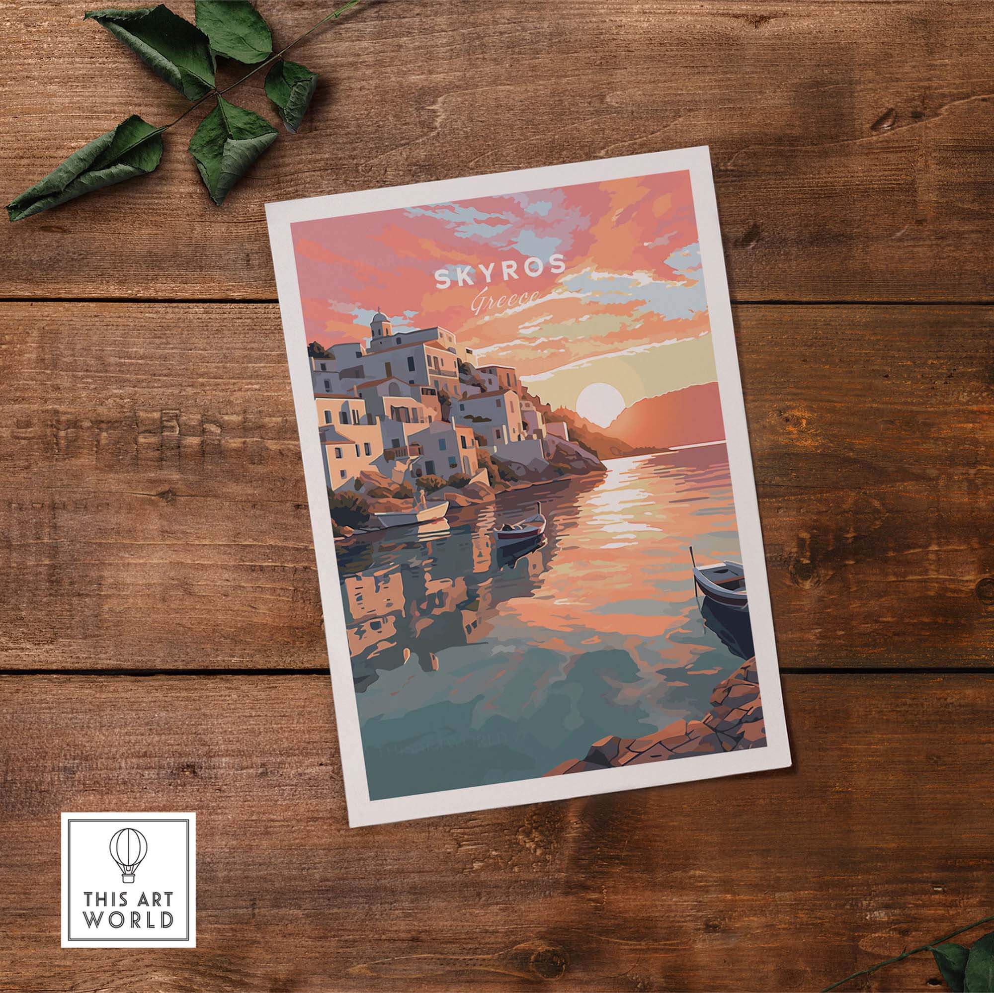 Skyros Greece travel poster print showing sunset reflection on water with colorful buildings.