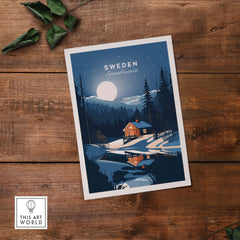 Sweden art print featuring a cozy cabin, moonlight, and Scandinavian landscape, perfect for home decor.