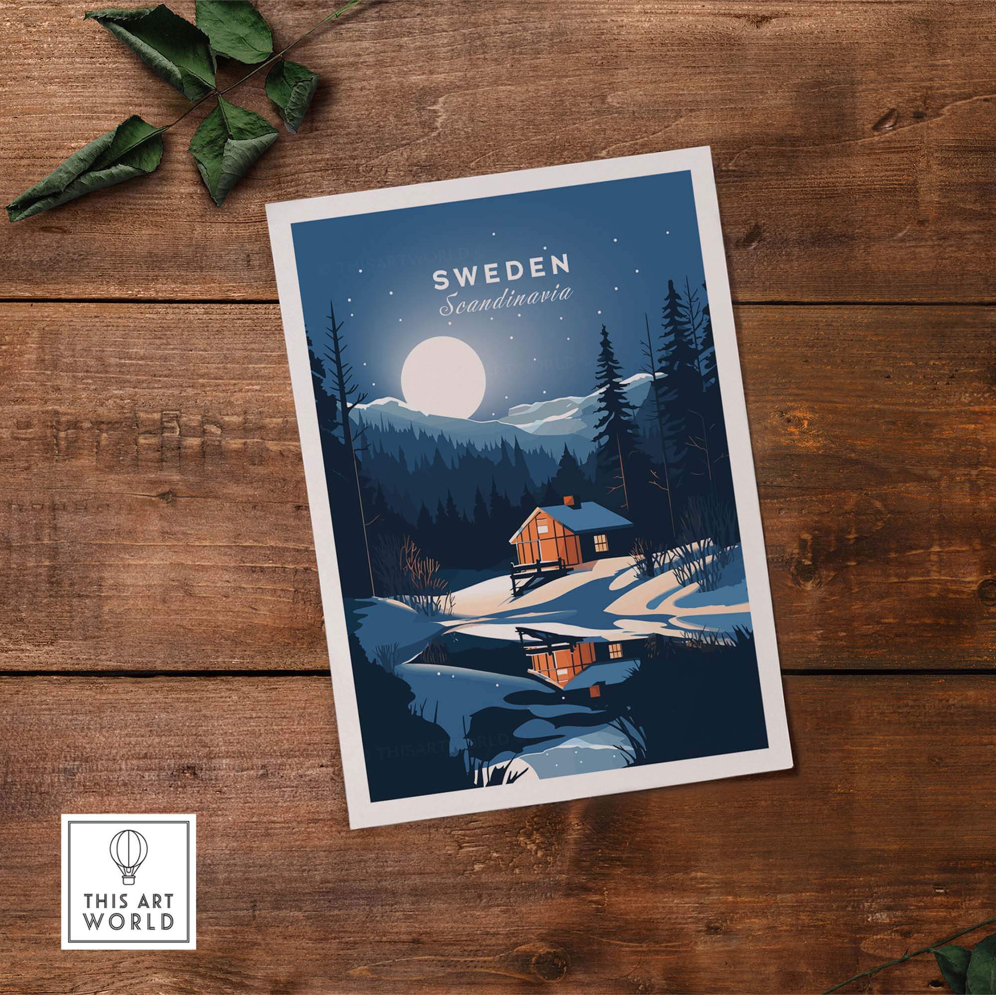 Sweden art print featuring a cozy cabin, moonlight, and Scandinavian landscape, perfect for home decor.