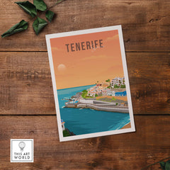 Tenerife Spain travel poster print featuring coastal views and sunset colors, perfect for home decor.