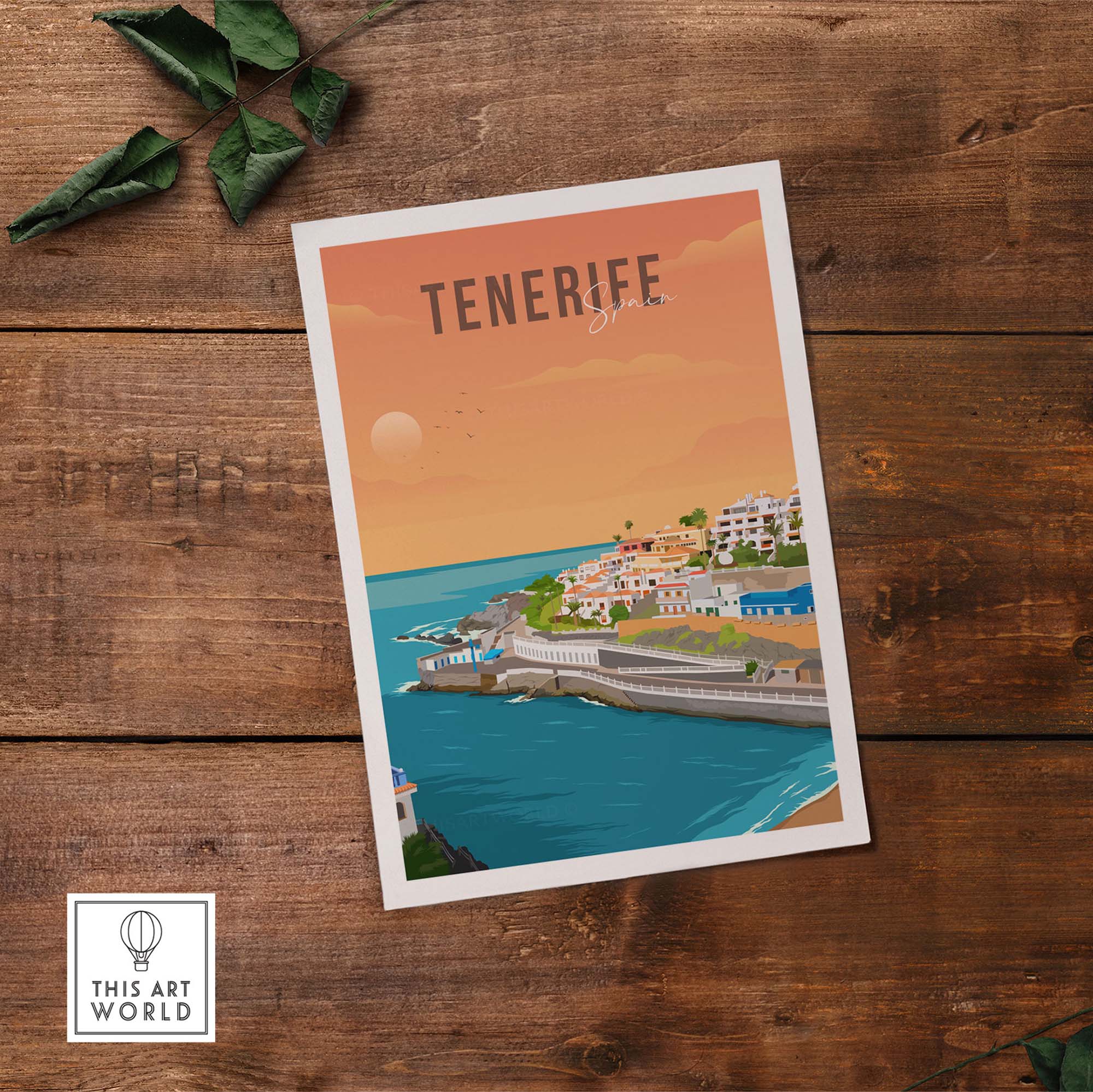 Tenerife Spain travel poster print featuring coastal views and sunset colors, perfect for home decor.