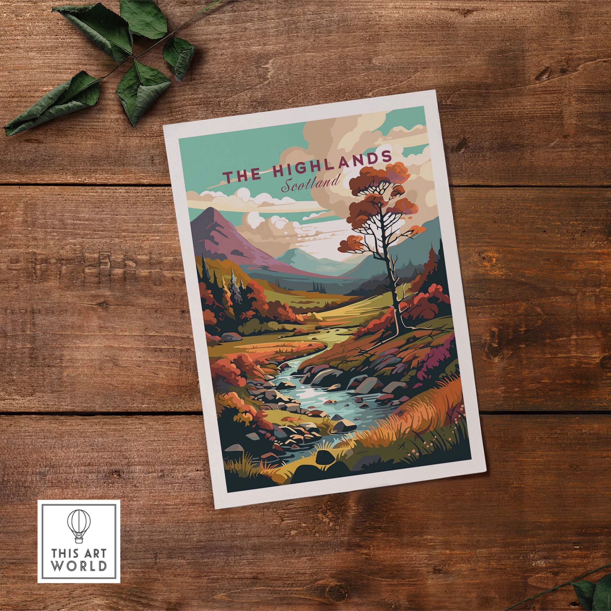 Scottish Highlands wall art print featuring vibrant colors and scenic landscape with a river and mountains.