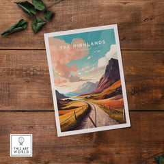 Scottish Highlands art print featuring vibrant landscape and warm tones on a wooden background.