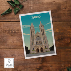 Truro Cornwall travel poster print showcasing the iconic Truro Cathedral against a blue sky, perfect for home decor.