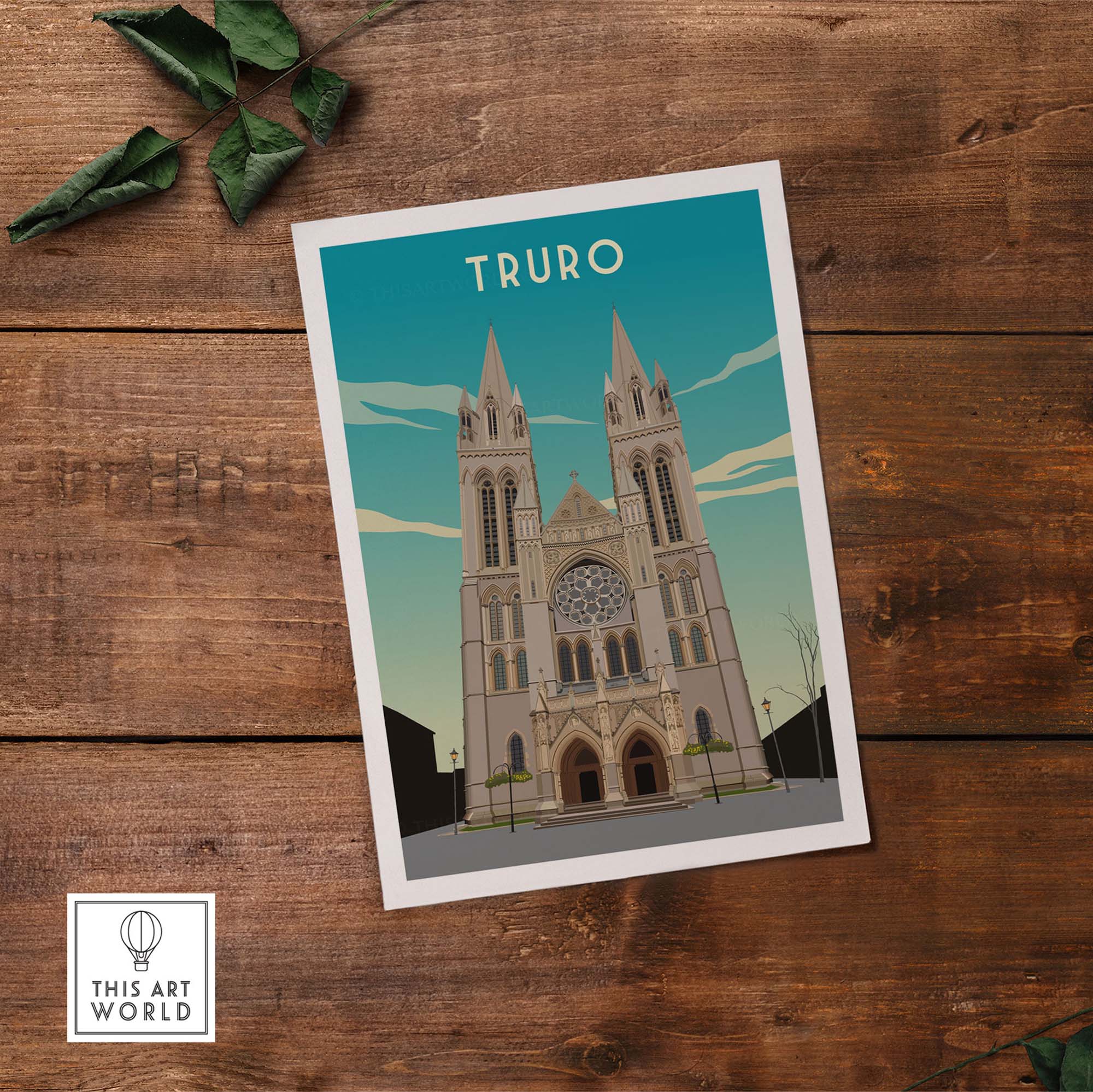 Truro Cornwall travel poster print showcasing the iconic Truro Cathedral against a blue sky, perfect for home decor.