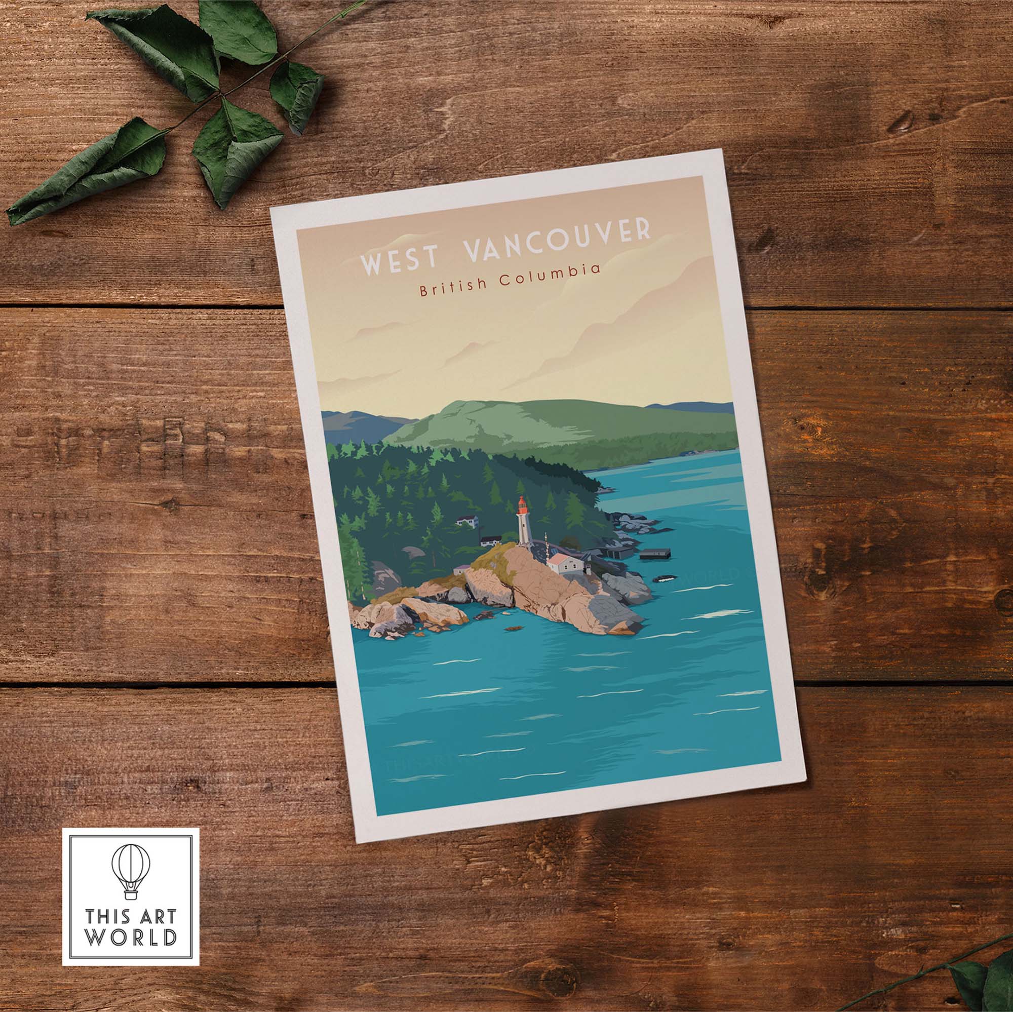 West Vancouver BC travel poster print featuring scenic coast and lighthouse, vibrant colors, and tranquil waters.