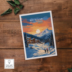 Whistler Ski Resort poster with sunset, snowy mountains, and cabins, ideal for ski enthusiasts and Canada travel memories.