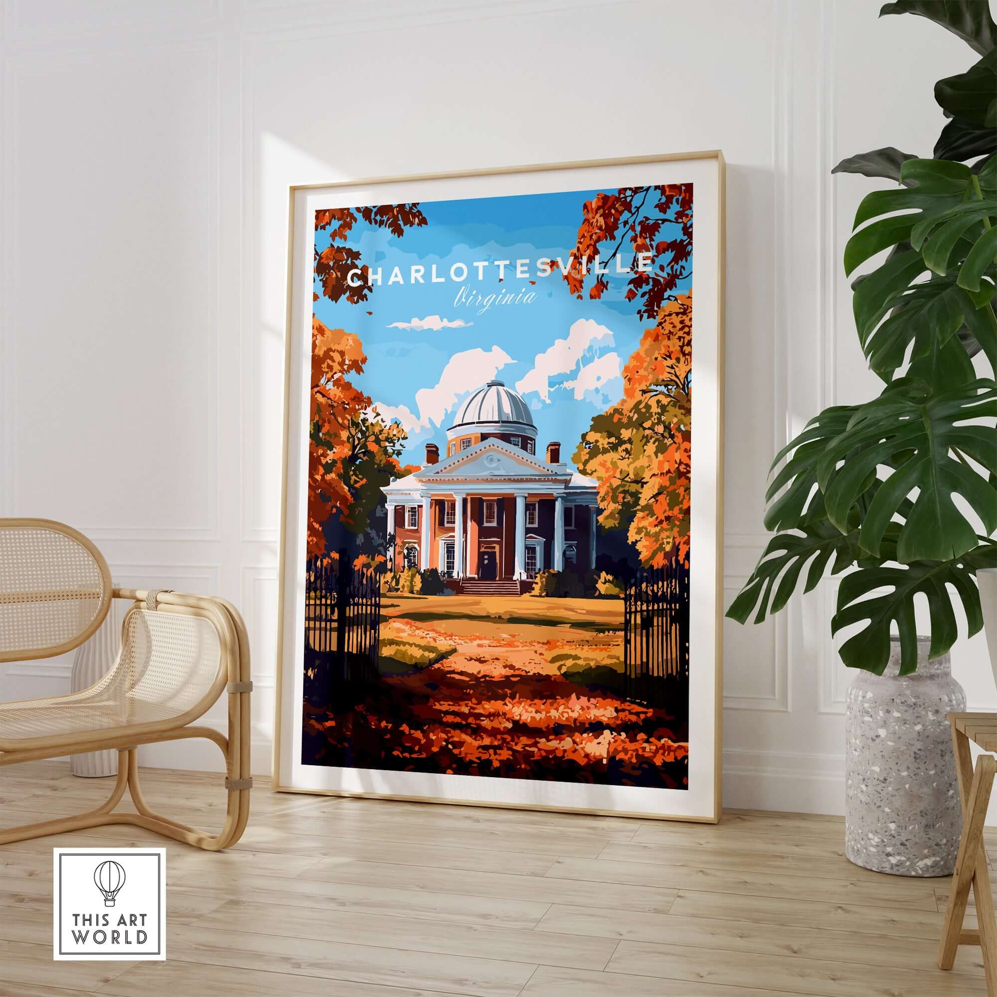 University of Virginia Rotunda Art Print - Charlottesville VA Poster in a stylish interior setting with autumn colors.