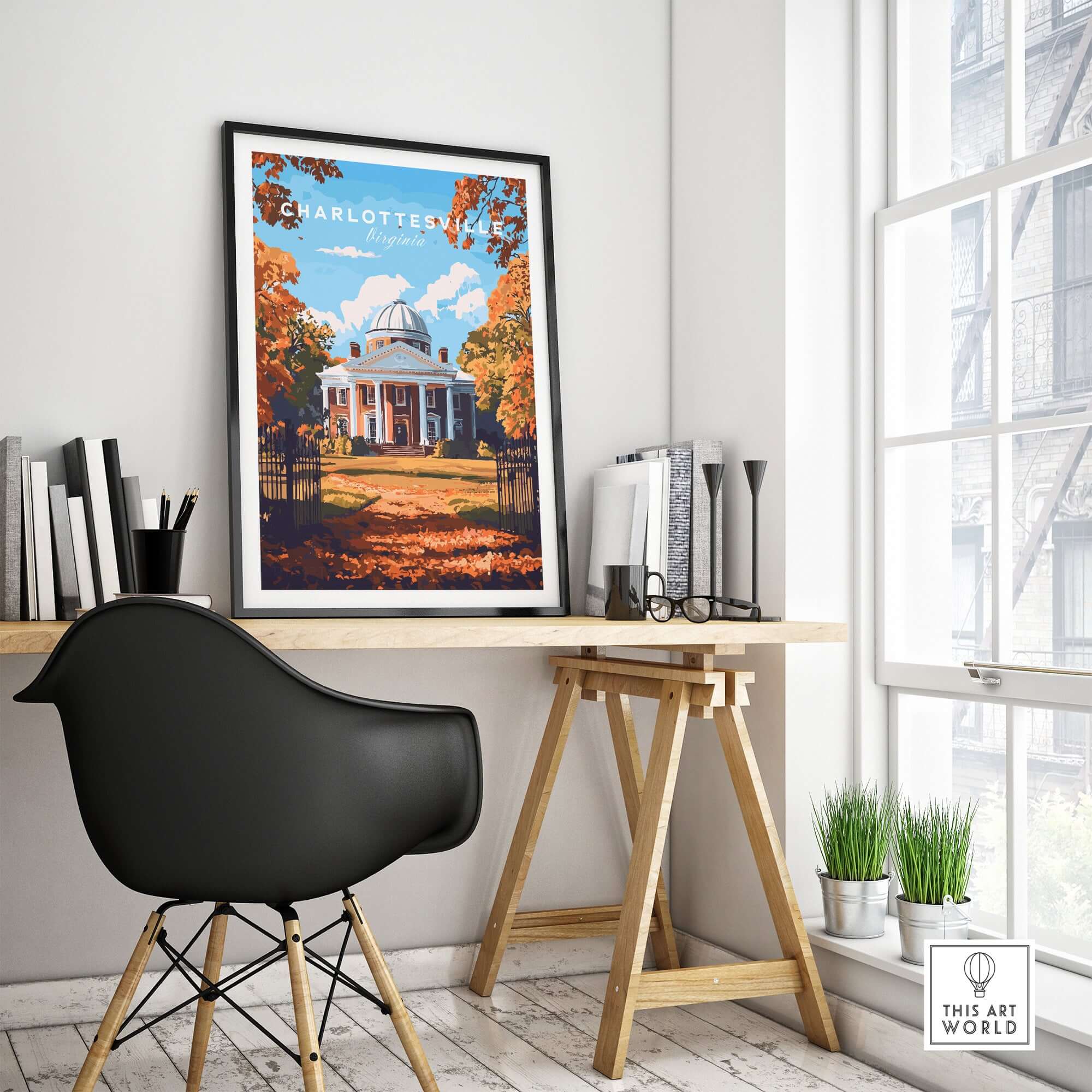 University of Virginia Rotunda Art Print - Charlottesville VA Poster in a modern home office setting.