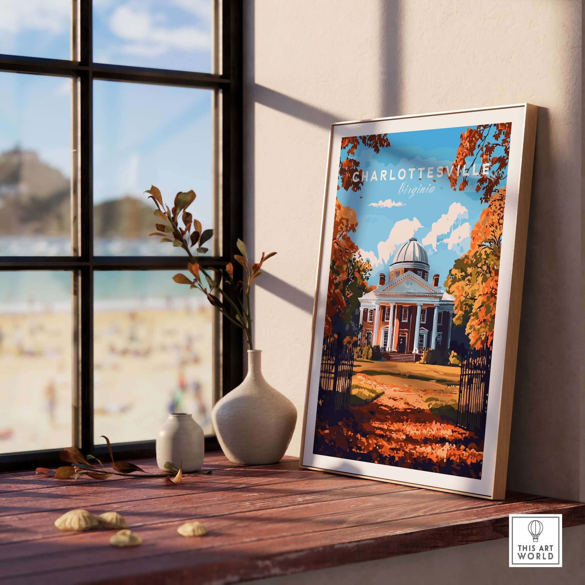 University of Virginia Rotunda Art Print - Charlottesville VA Poster displayed in a cozy interior with autumn colors.