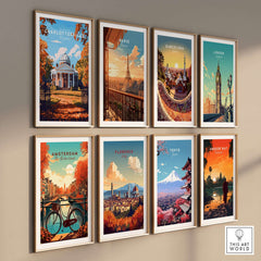 University of Virginia Rotunda Art Print - Charlottesville VA Poster featuring various iconic city posters in a gallery wall.
