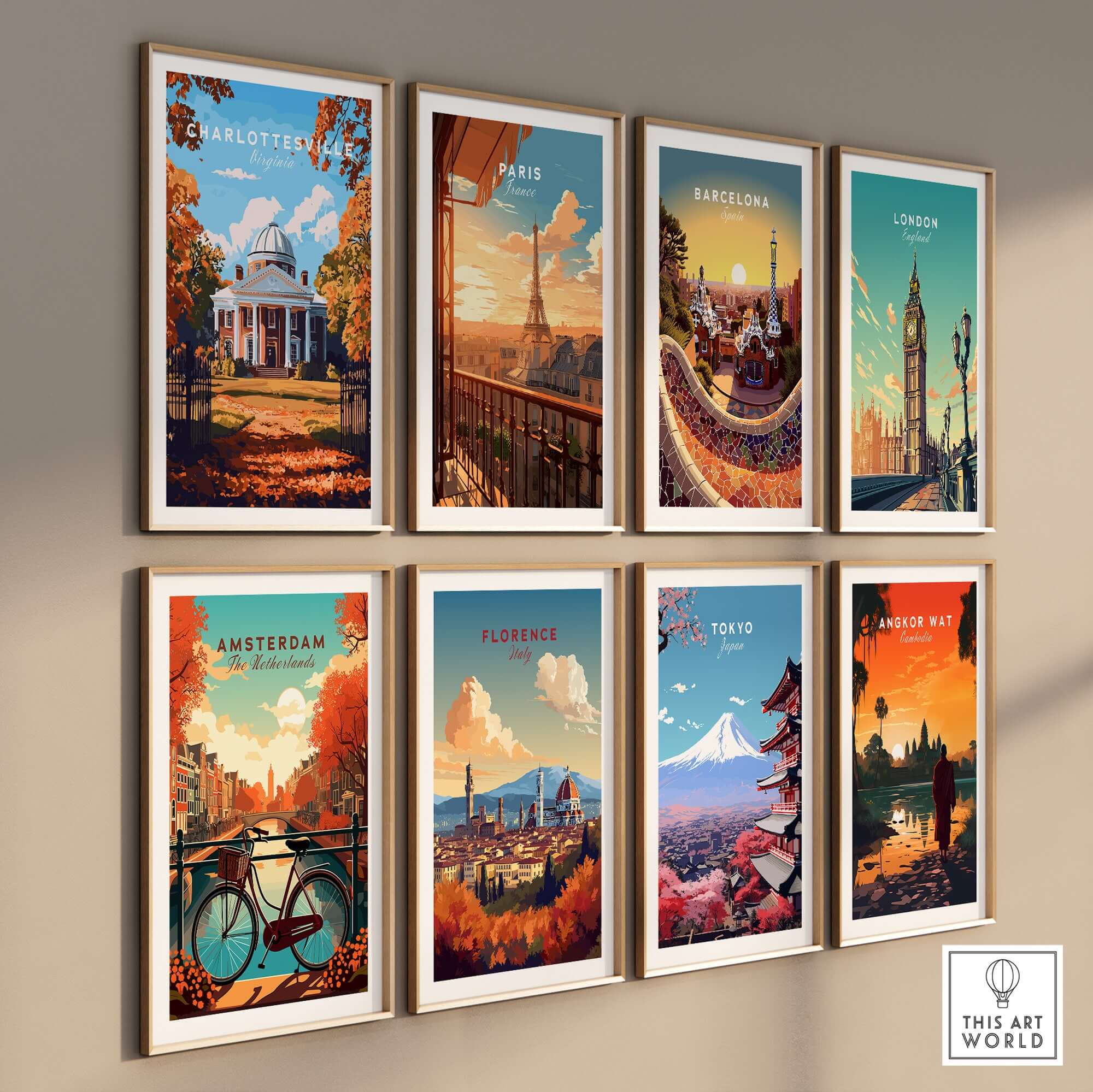 University of Virginia Rotunda Art Print - Charlottesville VA Poster featuring various iconic city posters in a gallery wall.