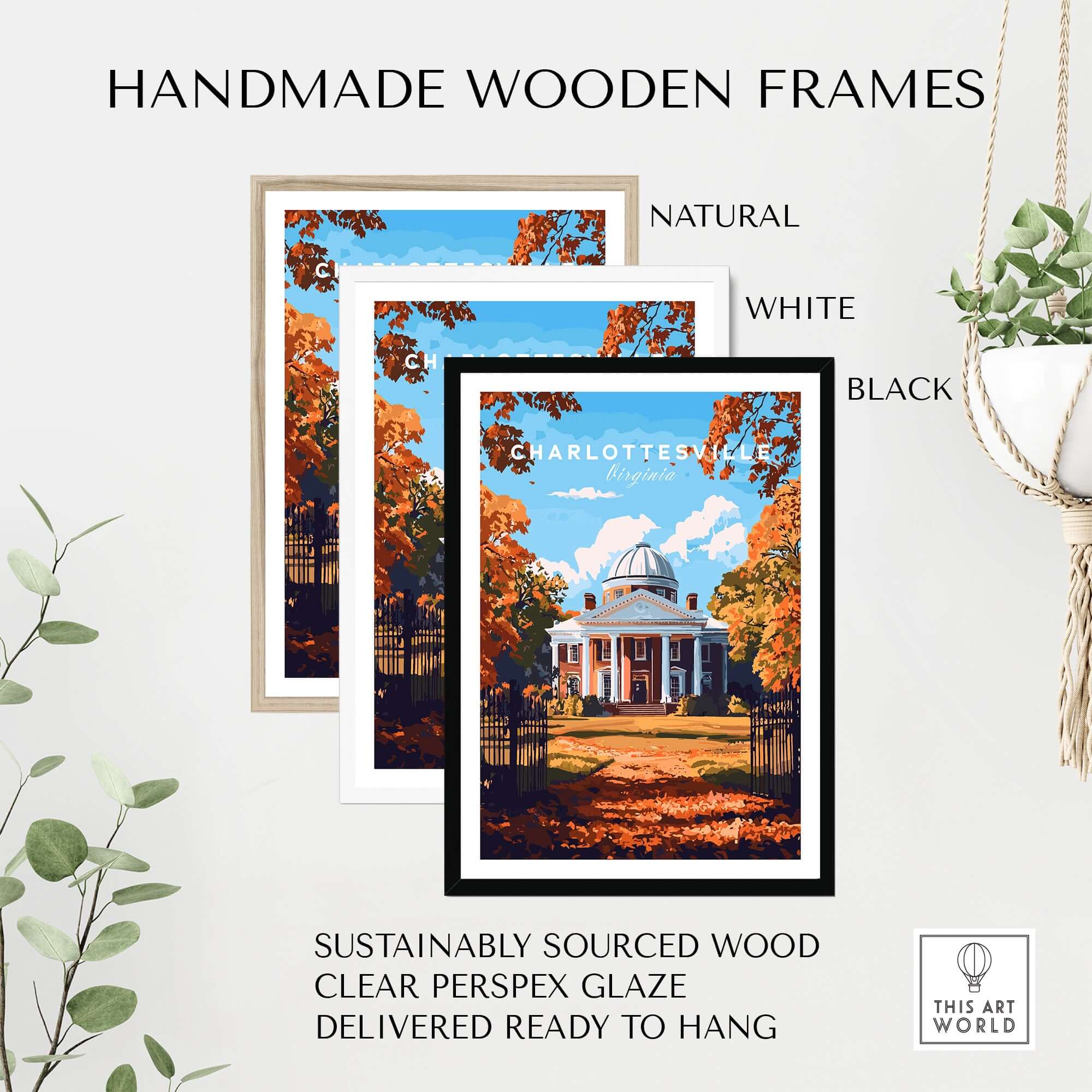 University of Virginia Rotunda Art Print - Charlottesville VA Poster framed in natural, white, and black handmade wooden frames.