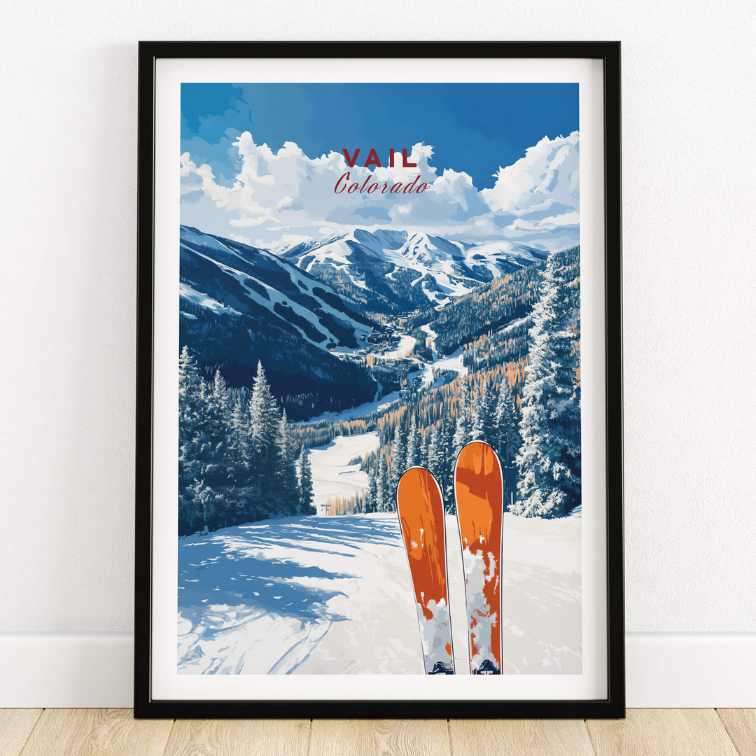 Vail Travel Poster - Colorado showcasing stunning winter scenery with ski equipment in the foreground.