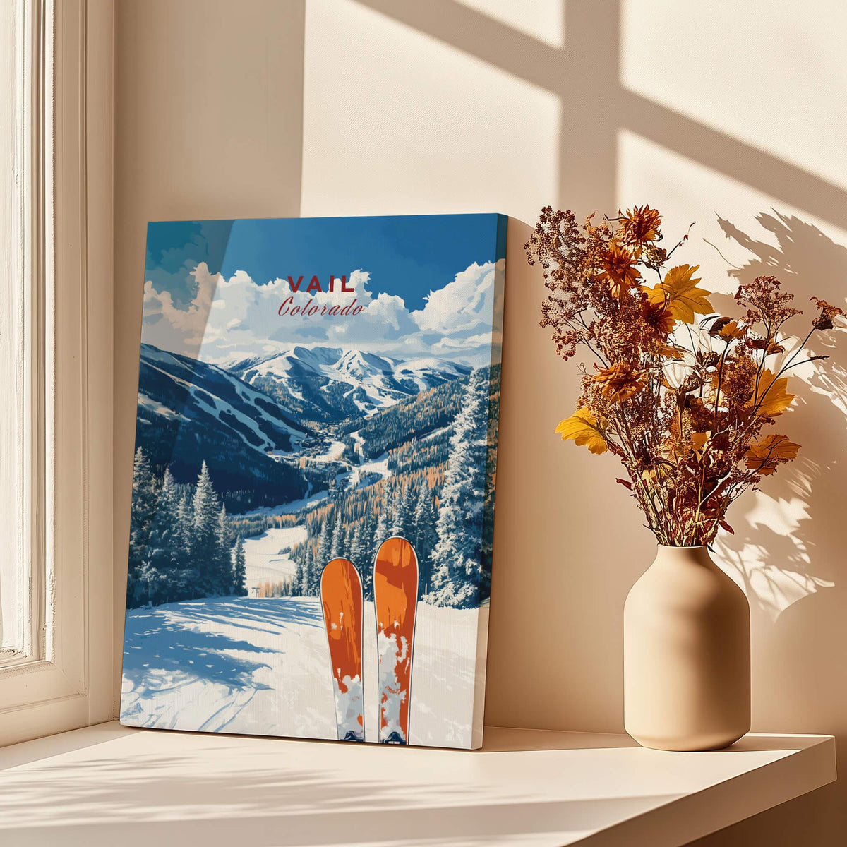 Vail Travel Poster - Colorado showcasing stunning ski views in the Rockies, perfect for home or office decor.