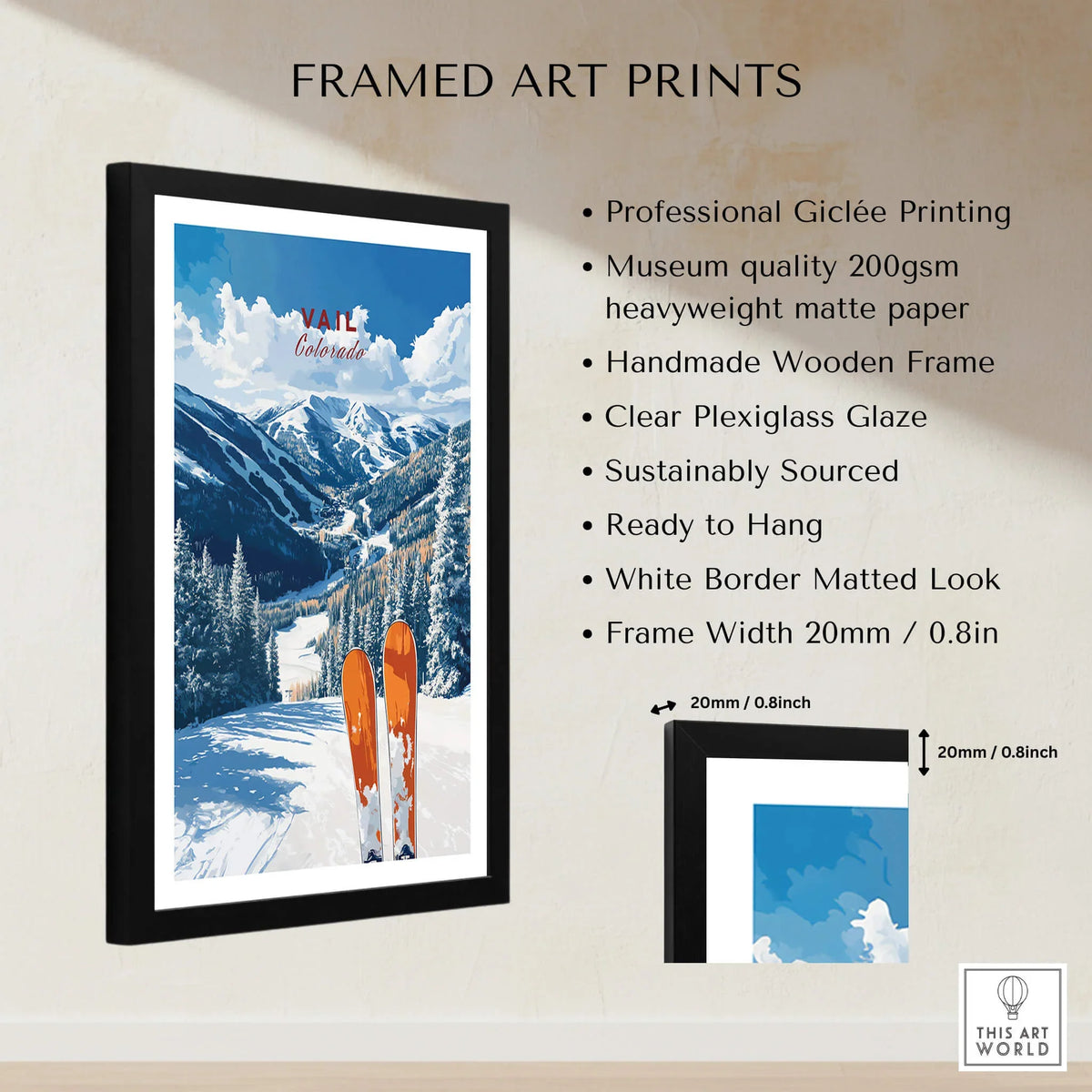 Vail Travel Poster - Colorado framed art print featuring stunning mountain views and ski gear.