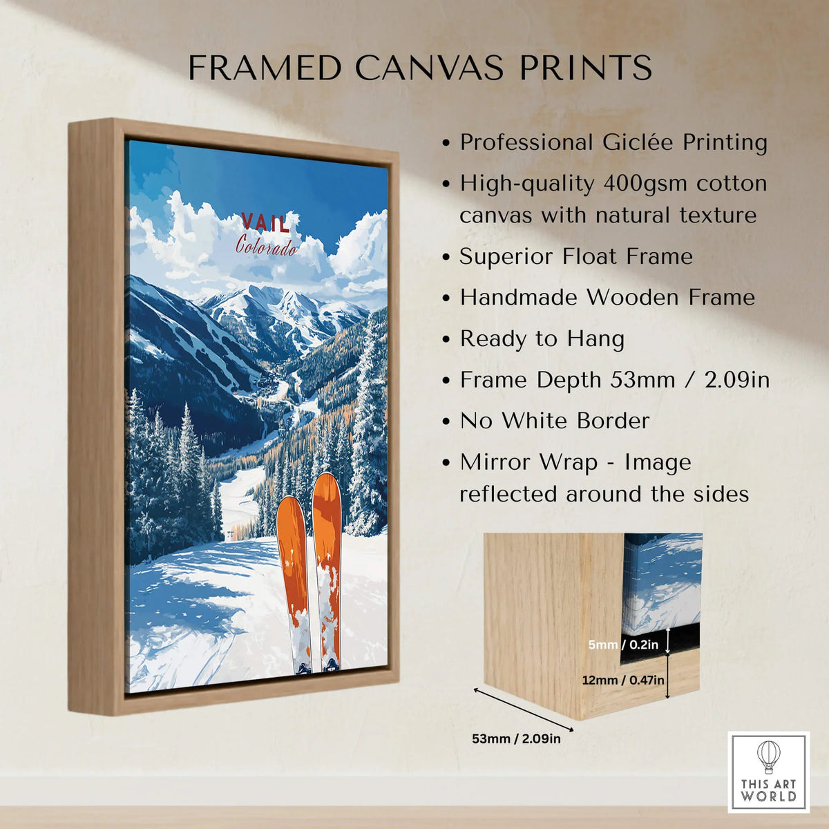 Vail Travel Poster - Colorado framed canvas print showcasing snowy mountains and ski equipment with wooden frame.