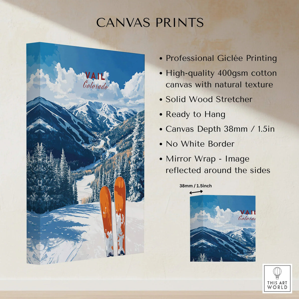Vail Travel Poster - Colorado showcasing a breathtaking ski scene with mountains and ski equipment.