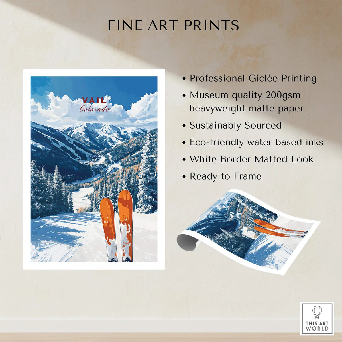 Vail Travel Poster - Colorado showcasing stunning Rockies views with skis and eco-friendly fine art print features.