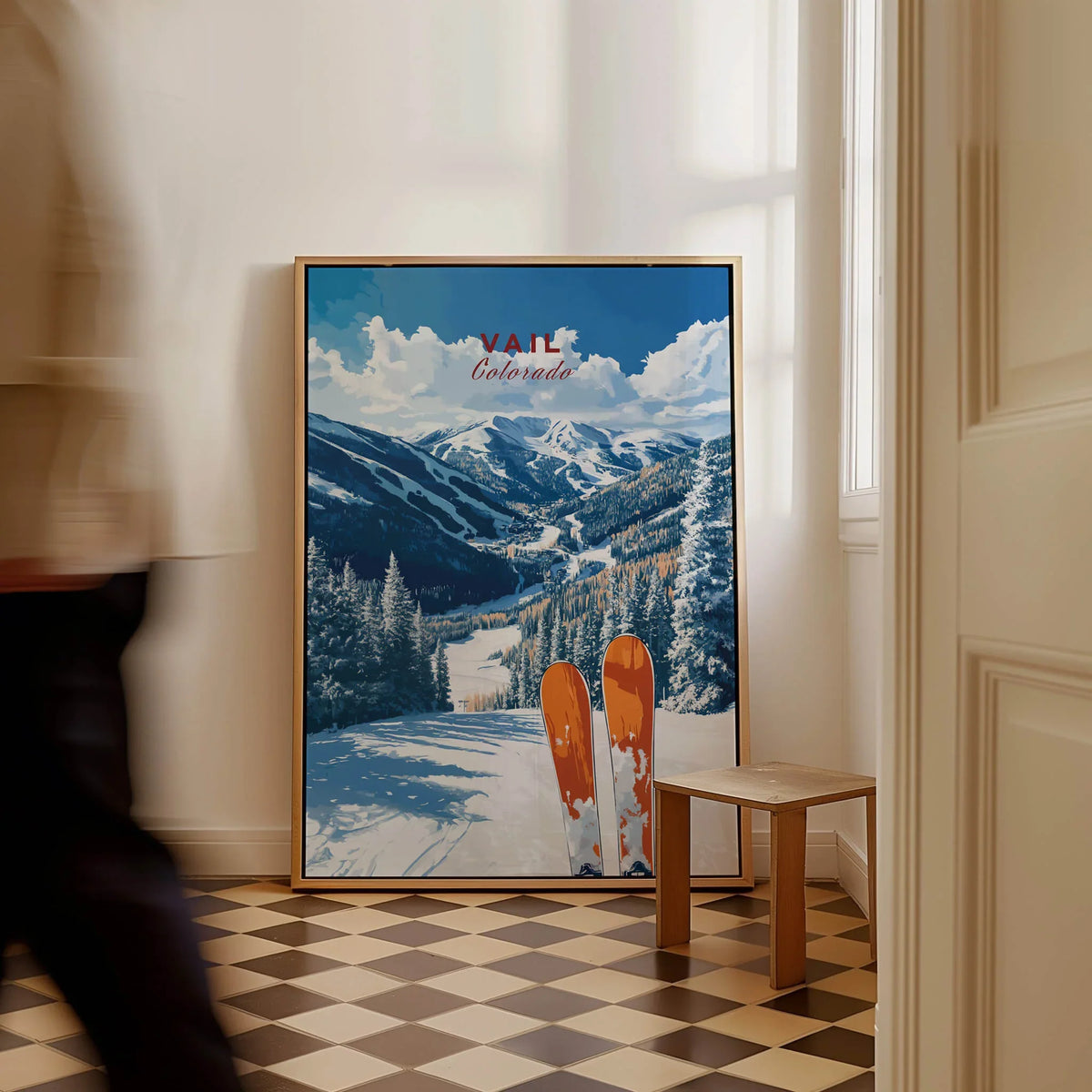 Vail Travel Poster - Colorado showcasing beautiful snowy mountains and ski equipment in an indoor setting.