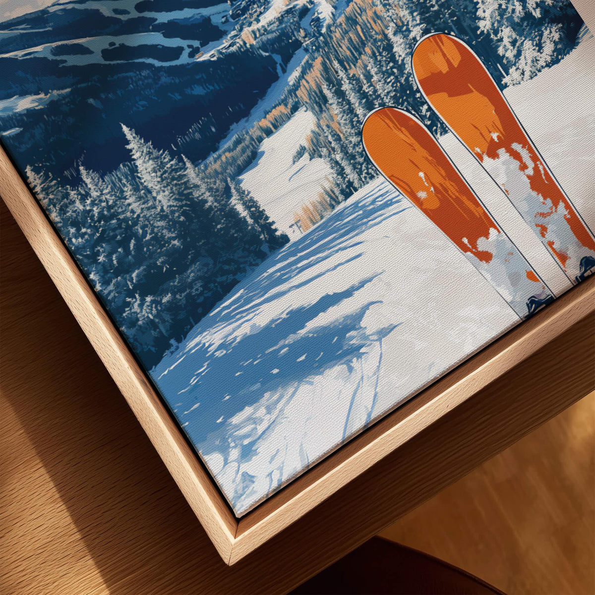 Vail Travel Poster - Colorado featuring ski equipment in a snowy mountain landscape