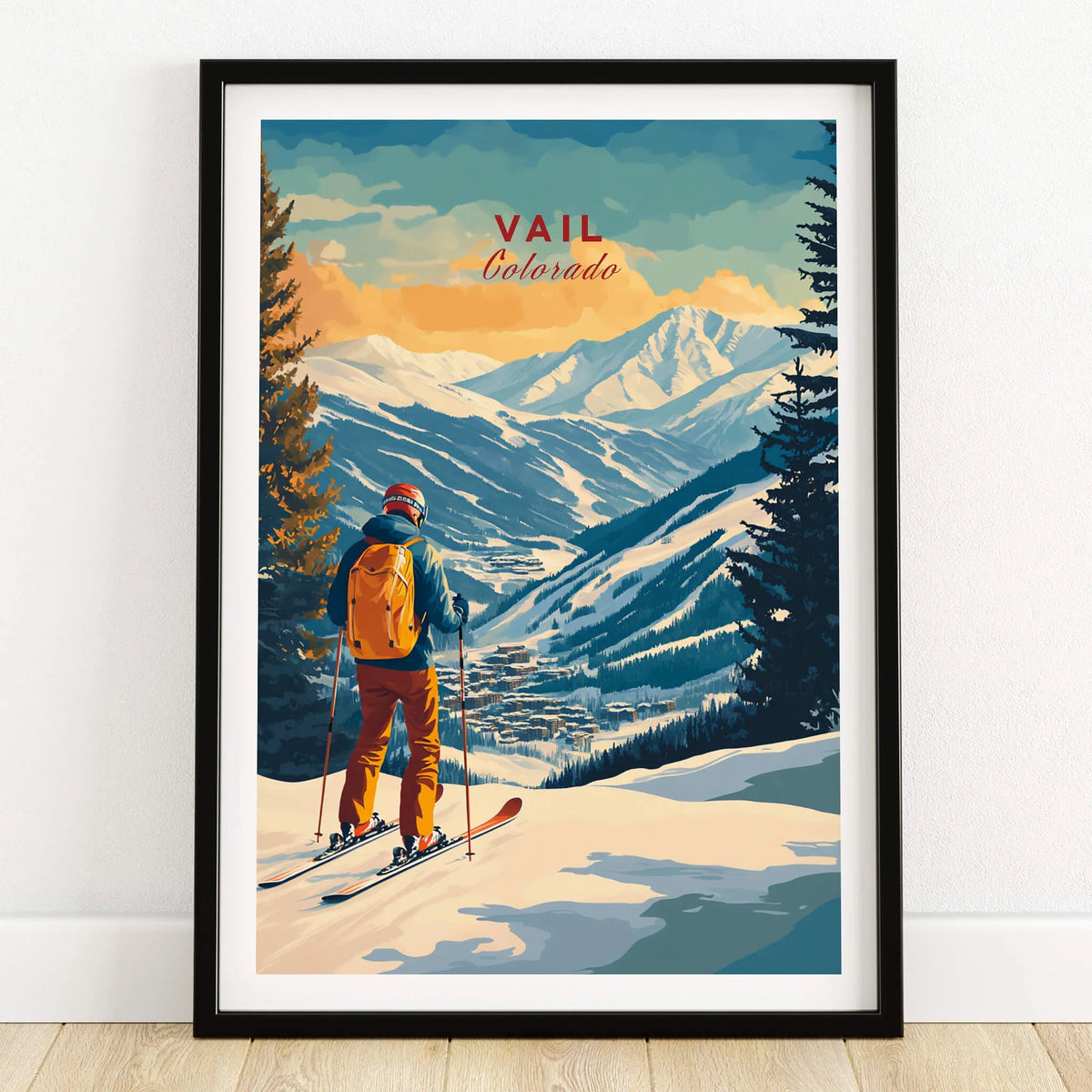 Vail Ski Poster - Colorado showcasing a skier overlooking Vail's beautiful snowy mountains and slopes.