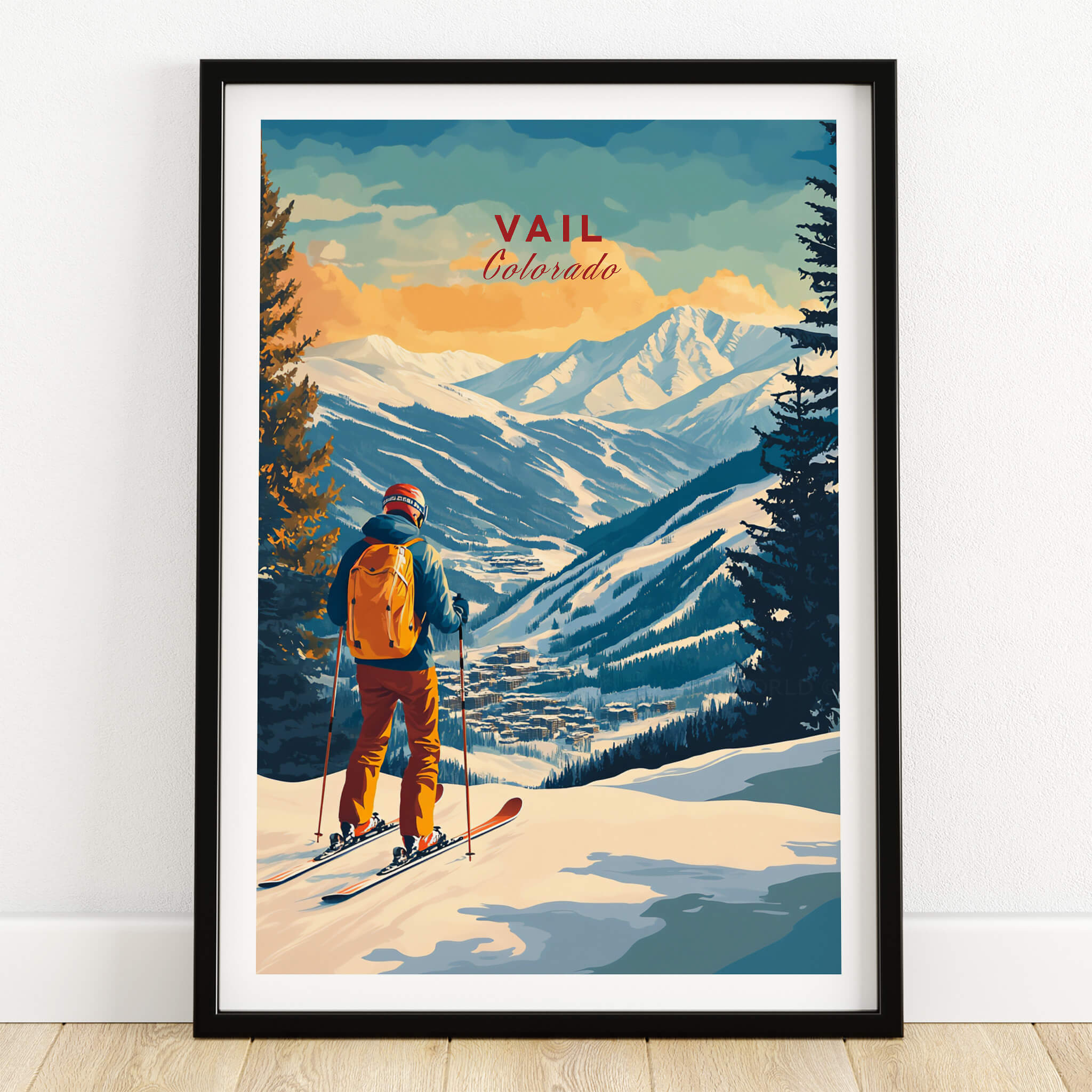Vail Ski Poster - Colorado showcasing a skier overlooking Vail's beautiful snowy mountains and slopes.