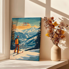 Vail Ski Poster - Colorado showcasing a skier against scenic mountain backdrop in a cozy setting.