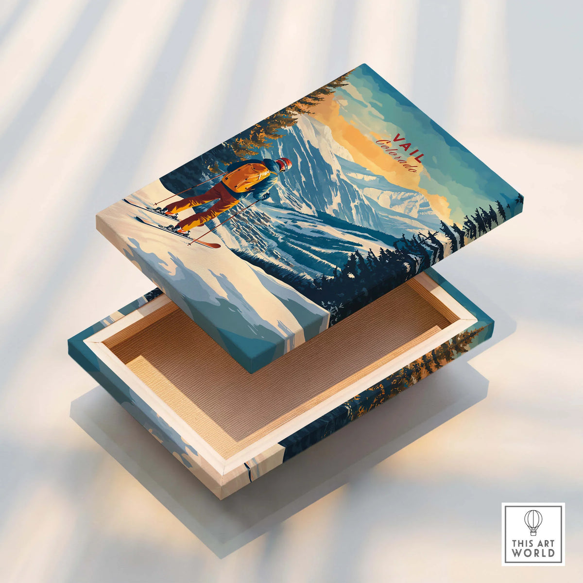 Vail Ski Poster - Colorado showcased on a decorative wooden box with mountain scenery and skier design.