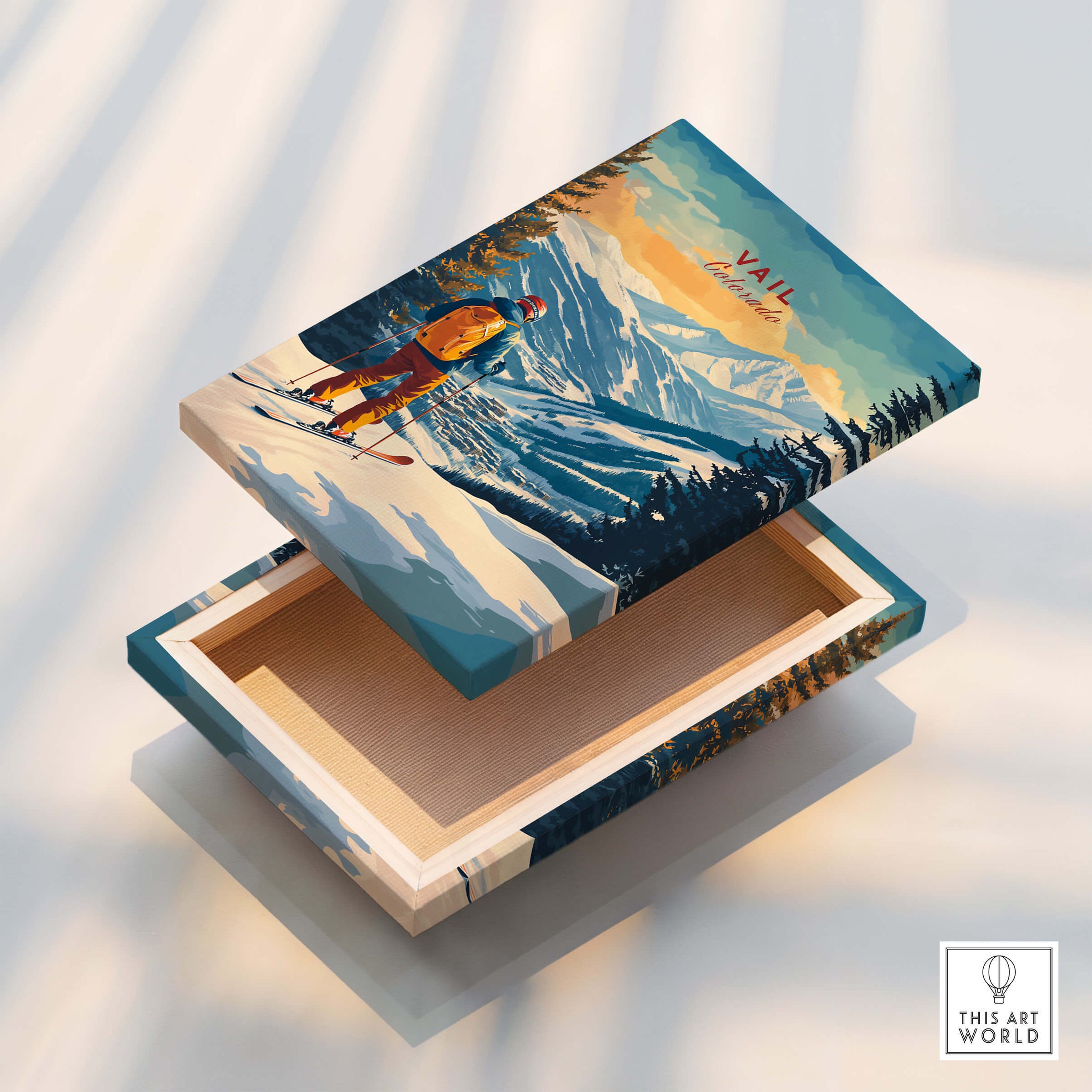 Vail Ski Poster - Colorado showcased on a decorative wooden box with mountain scenery and skier design.