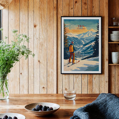 Vail Ski Poster - Colorado displayed in a cozy setting with mountains and skier, perfect ski wall art.