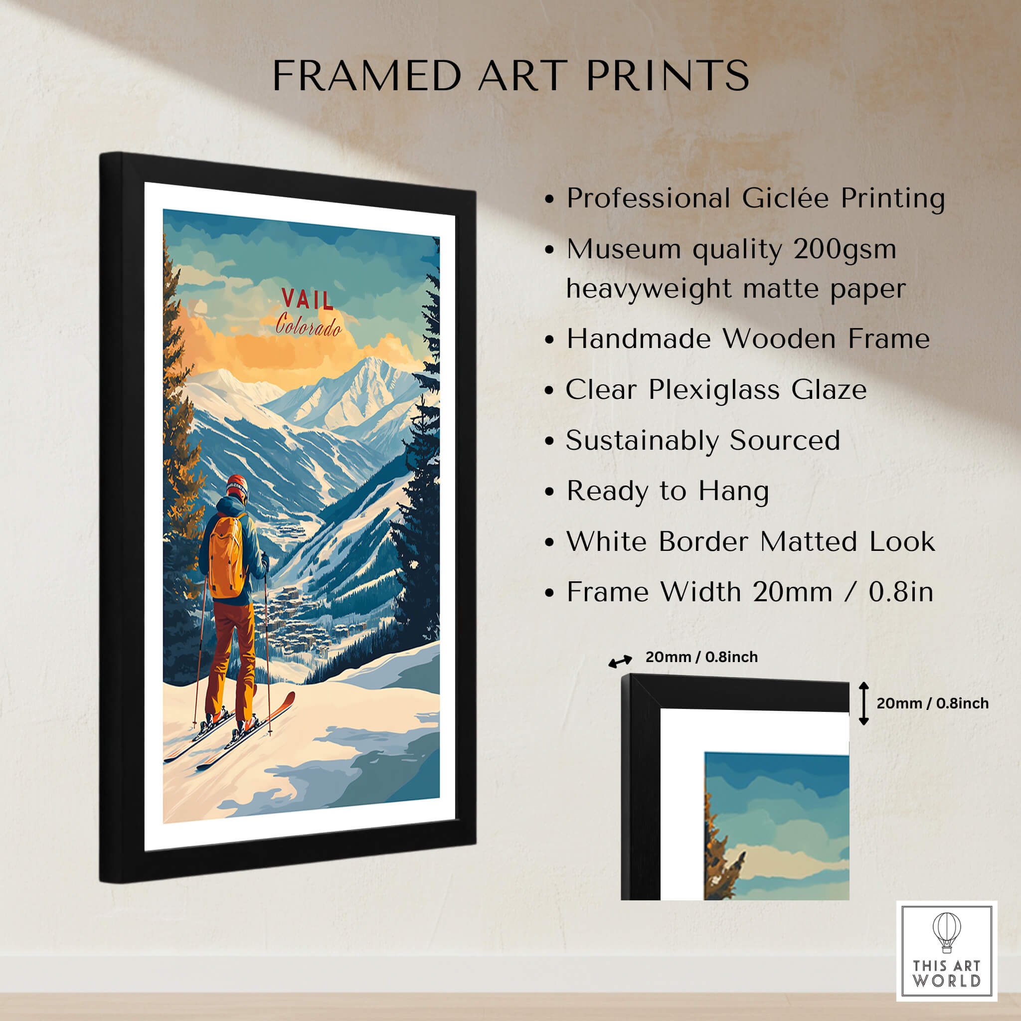 Vail Ski Poster - Colorado framed art print showcasing stunning mountain scenery and skiing.